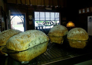 4 loaves of Sunflower Seed Bread cooling in the pans.  